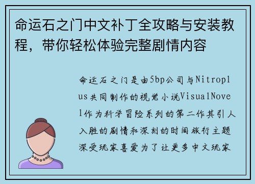 命运石之门中文补丁全攻略与安装教程，带你轻松体验完整剧情内容